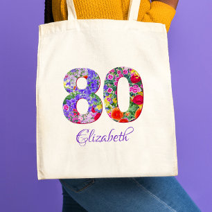 Tote Bag 80e anniversaire Maman Cadeau - Nom floral 80 ans