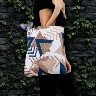 Tote Bag 80s Abstrait tendance Marine et Rose Motif d'or