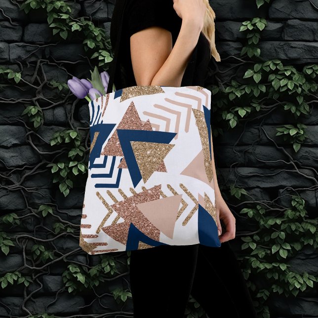 Tote Bag 80s Abstrait tendance | Marine et Rose Motif d'or (Créateur téléchargé)