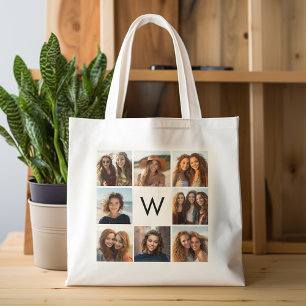 Tote Bag 8 Photo Collage personnalisé Monogramme noir et bl
