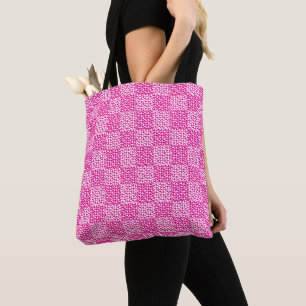 Tote Bag à damiers Amour en Magenta et Blanc