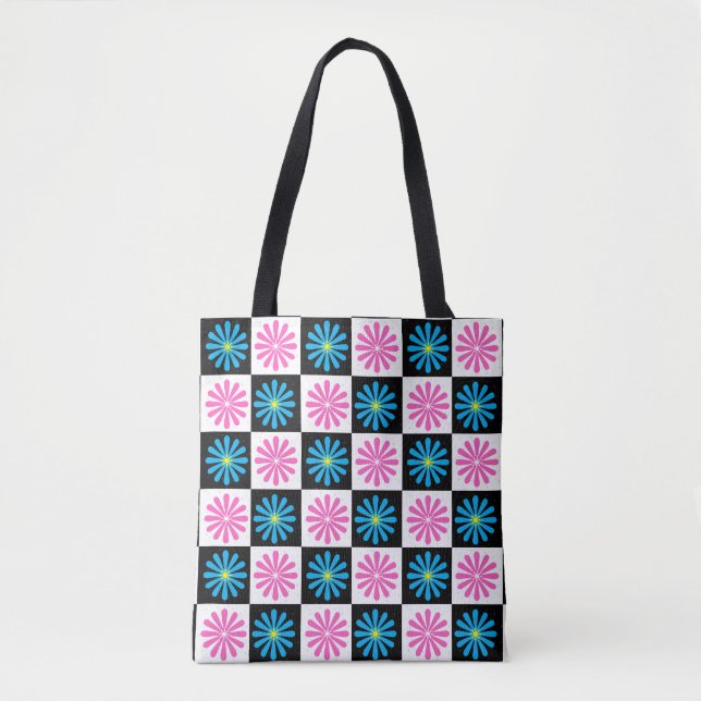 Tote Bag à damiers Aster bleu rose Floral Abstrait (Devant)