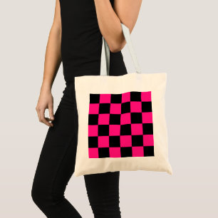Tote Bag à damiers carré rose chaud noir rétro géométrique