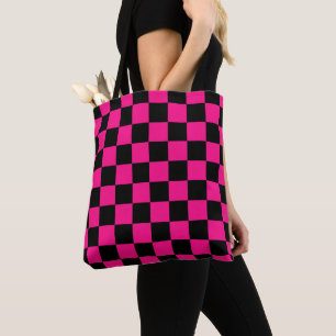 Tote Bag à damiers carré rose chaud noir rétro géométrique