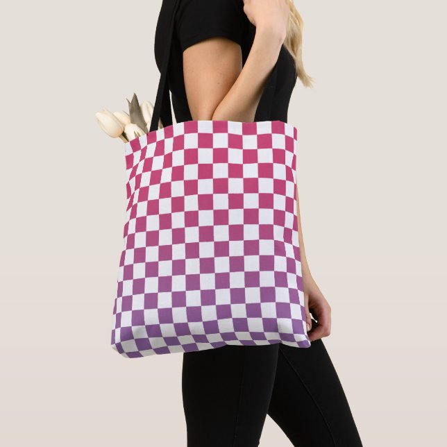 Tote Bag à damiers rose à violet et Motif blanc (De près)