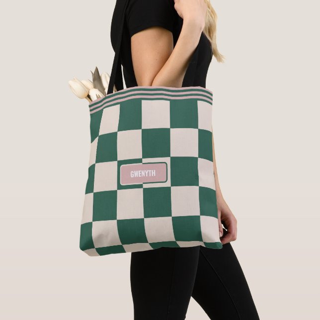 Tote Bag À damiers rose et vert personnalisés (De près)