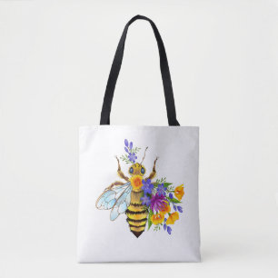 Tote Bag Abeille à fleurs avec plantes sauvages