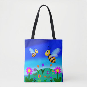 Tote Bag Abeilles heureuses dans un champ de fleurs