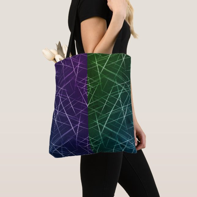Tote Bag Abstract Cyber Pattern | Purple & Emerald Grid (De près)