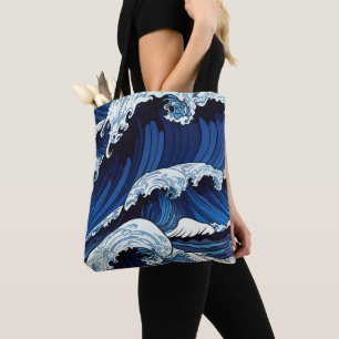 Tote Bag Abstrait Blue Ocean Waves Art de style japonais  