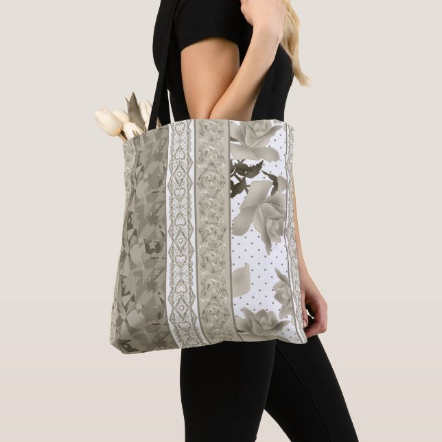 Tote Bag Abstrait dentelle rétro vintage beige roses f (De près)