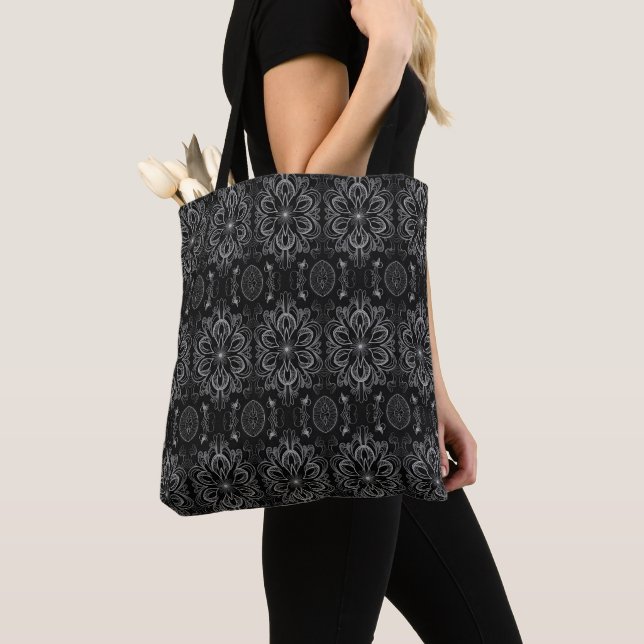 Tote Bag Abstrait Floral Noir Et Gris (De près)
