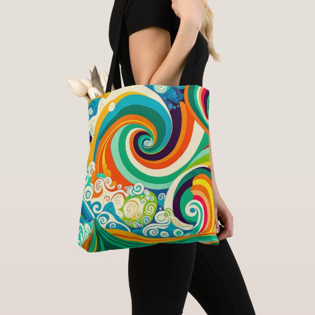 Tote Bag Abstrait rétro coloré les années 70 hippie Waves A (De près)