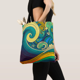 Tote Bag Abstrait rétro coloré les années 70 hippie Waves A