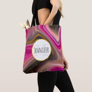 Tote Bag Abstrait rose et noir avec Monogramme à perles d'o