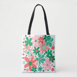 Tote Bag Abstrait vert, corail, et fleurs et points roses f
