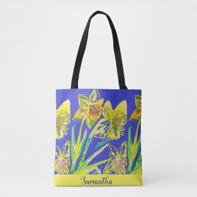 Tote Bag Abstraite jonquille Jaune Fleurs Bleues Florales T (Devant)