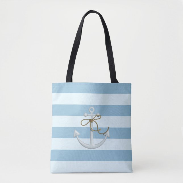Tote Bag Adorable Ancre sur les rayures bleu clair et blanc (Devant)