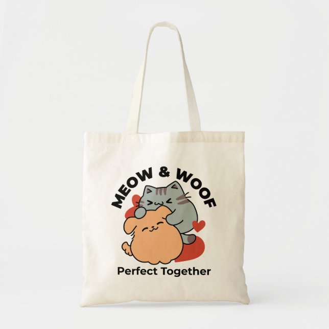 Tote Bag Adorable chat et chien Hug - Meow & Woof Design (Devant)