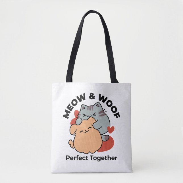 Tote Bag Adorable chat et chien Hug - Meow & Woof Design (Devant)