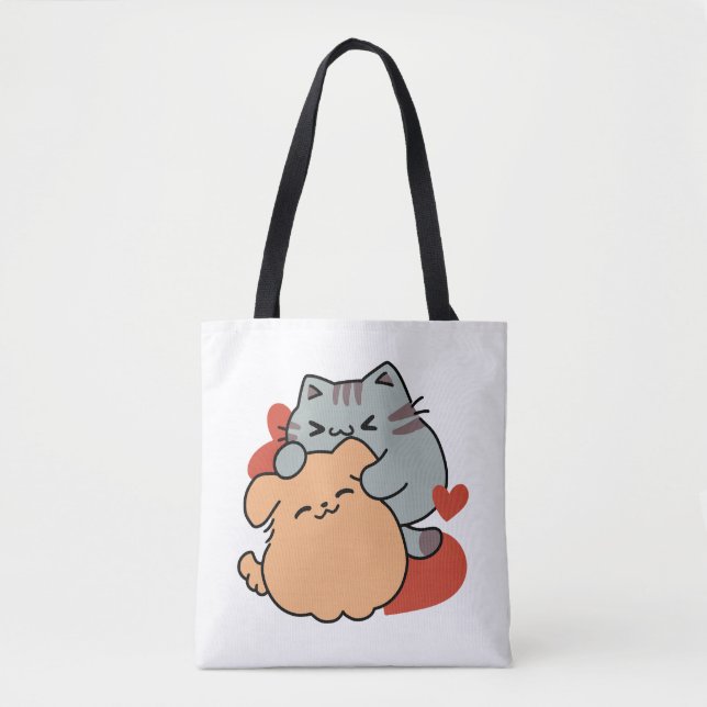 Tote Bag Adorable chat et chien Hug - Meow & Woof Design (Devant)