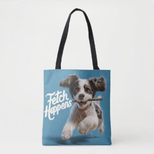 Tote Bag Adorable Chiot Mid-Air Courir avec un bâton