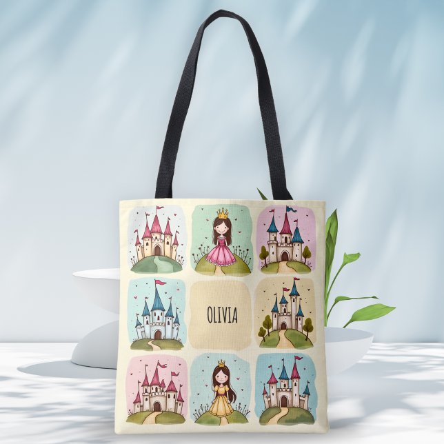Tote Bag Adorable Fairy Tale Castle & Princess Doodles (Créateur téléchargé)