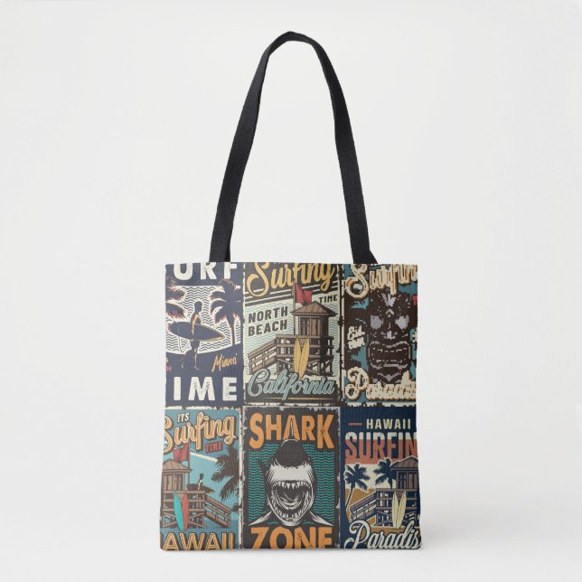 Tote Bag Affiches de surf colorées vintages avec bus surf (Devant)