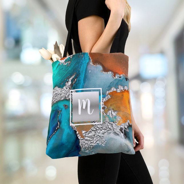 Tote Bag Agate aquarelle monogramme argent turquoise orange (Créateur téléchargé)