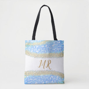 Tote Bag agate bleu or parties scintillant étincelle monogr