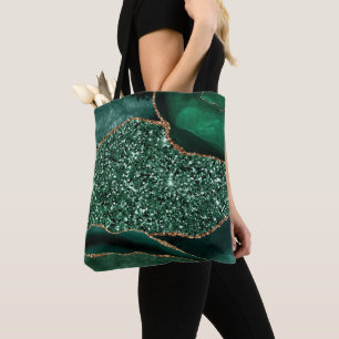 Tote Bag Agate Océan Élégant Vert et Doré Pailleté