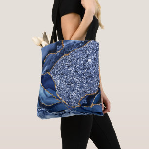 Tote Bag Agate océanique élégante bleu marine et dorée