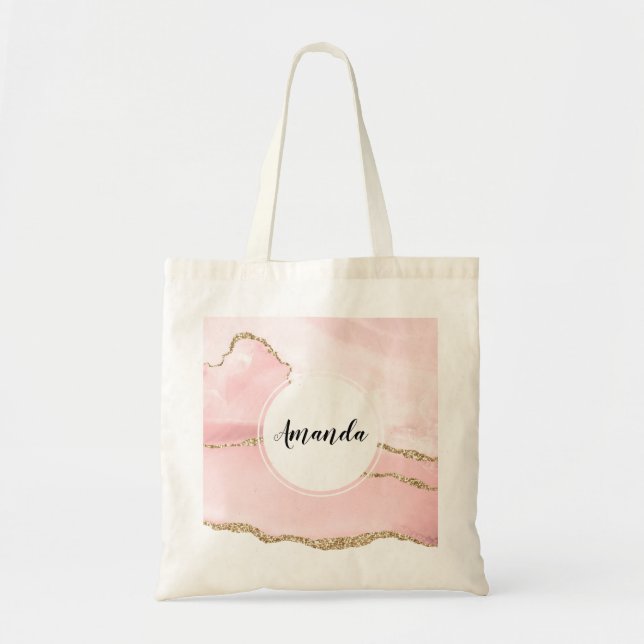 Tote Bag Agate rose vierge avec ruban or Élégant (Devant)