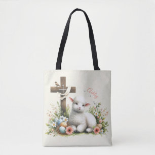 Tote Bag Agneau de Pâques personnalisé à l'aquarelle