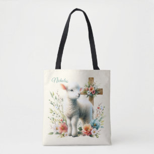 Tote Bag Agneau de Pâques personnalisé à l'aquarelle