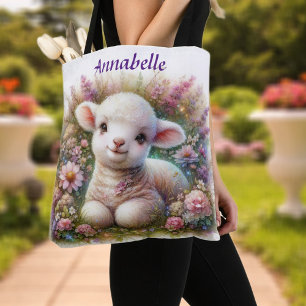 Tote Bag Agneau et fleurs d'aquarelle personnalisées