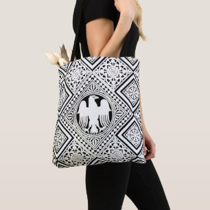 TOTE BAG AIGLE ROMAIN BLANC NOIR AVEC MOTIFS DE MASQUE