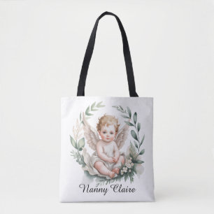 Tote Bag Ailes d'ange à l'aquarelle Baptême Vert Parrains