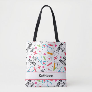 Tote Bag Aimez un nom blanc d'art d'infirmière personnalisé