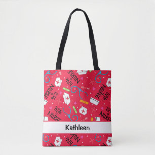 Tote Bag Aimez un nom rouge d'art d'infirmière personnalisé