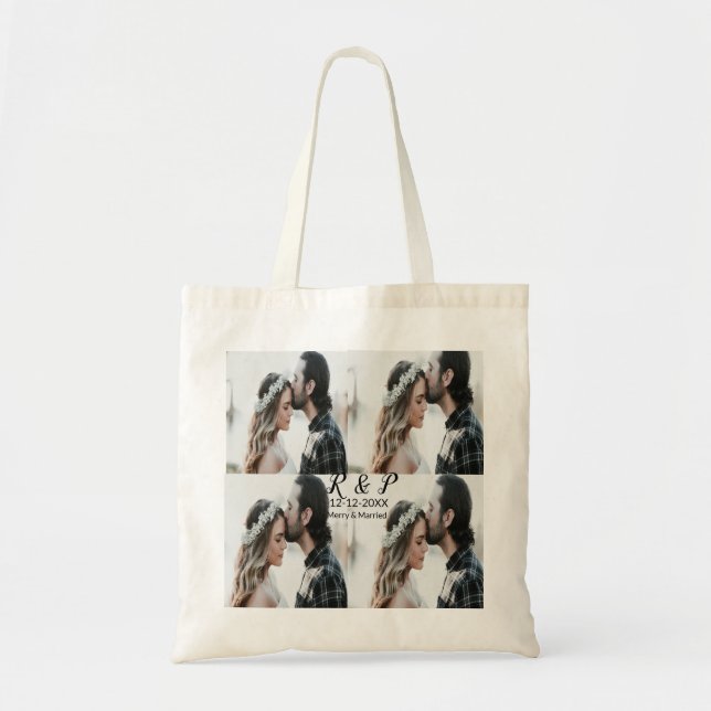 Tote Bag Ajouter couple photo merisier marié ajouter date a (Devant)