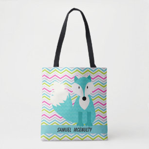 Tote Bag Ajouter Le Nom Chevron Stripe Avec Blue Fox