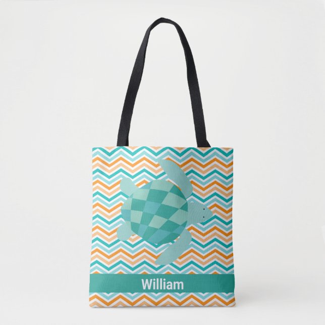 Tote Bag Ajouter Le Nom Chevron Stripe With Sea Turtle (Devant)