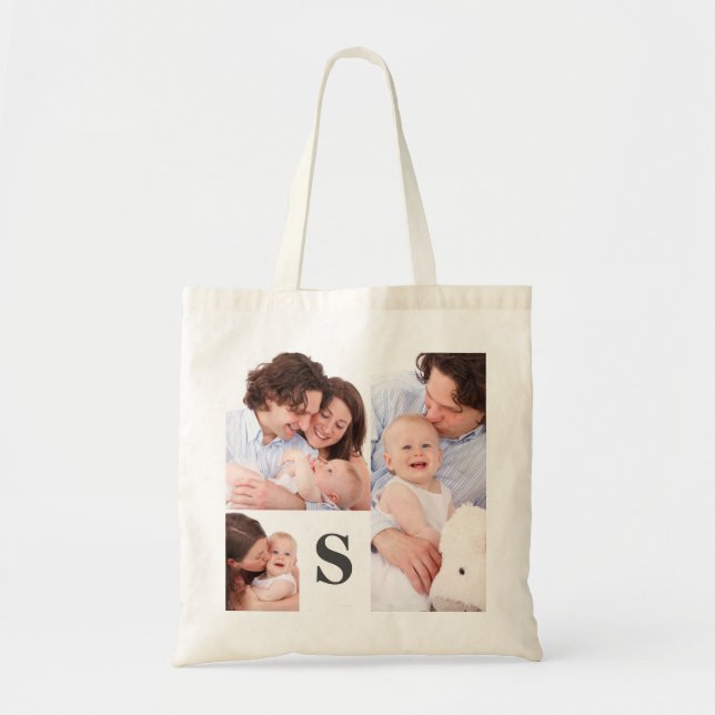 Tote Bag Ajouter Votre Propre Collage De 3 Photo Perle Mono (Devant)
