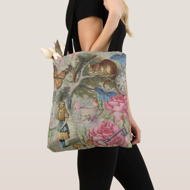 Tote Bag Alice Cheshire Chat Wonderland Tree Garden (De près)