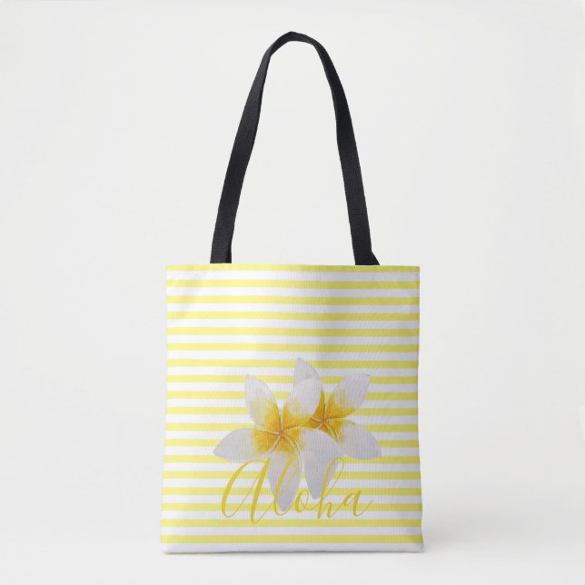 Tote Bag Aloha | Élégante Fleur Tropicale & Bandes Jaunes (Devant)
