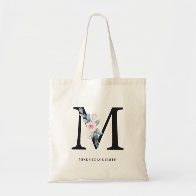 TOTE BAG ALPHABÈTES FLORAUX BLEUS DOUX NOM LETTRE M (Devant)