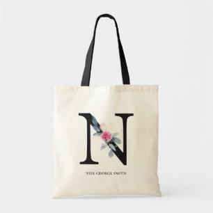 TOTE BAG ALPHABÈTES FLORAUX BLEUS DOUX NOM LETTRE N