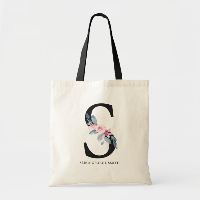 TOTE BAG ALPHABÈTES FLORAUX BLEUS DOUX NOM LETTRE S (Devant)
