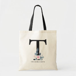 TOTE BAG ALPHABÈTES FLORAUX BLEUS DOUX NOM LETTRE T